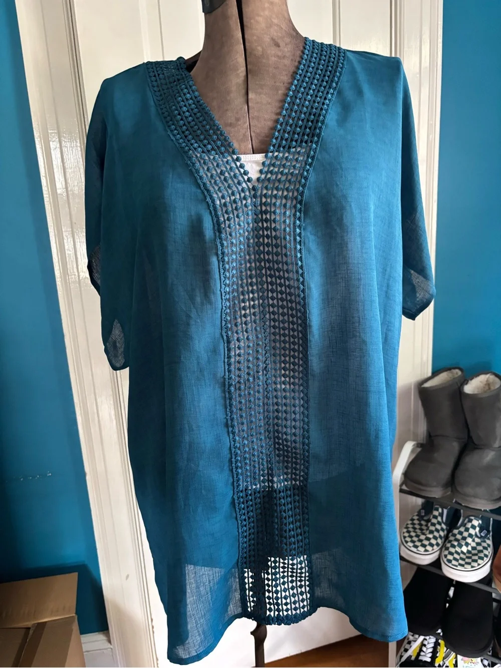Time And Tru Teal Boho Embroidered Beach Cover Up Kaftan Tunic Dress in size 4/6